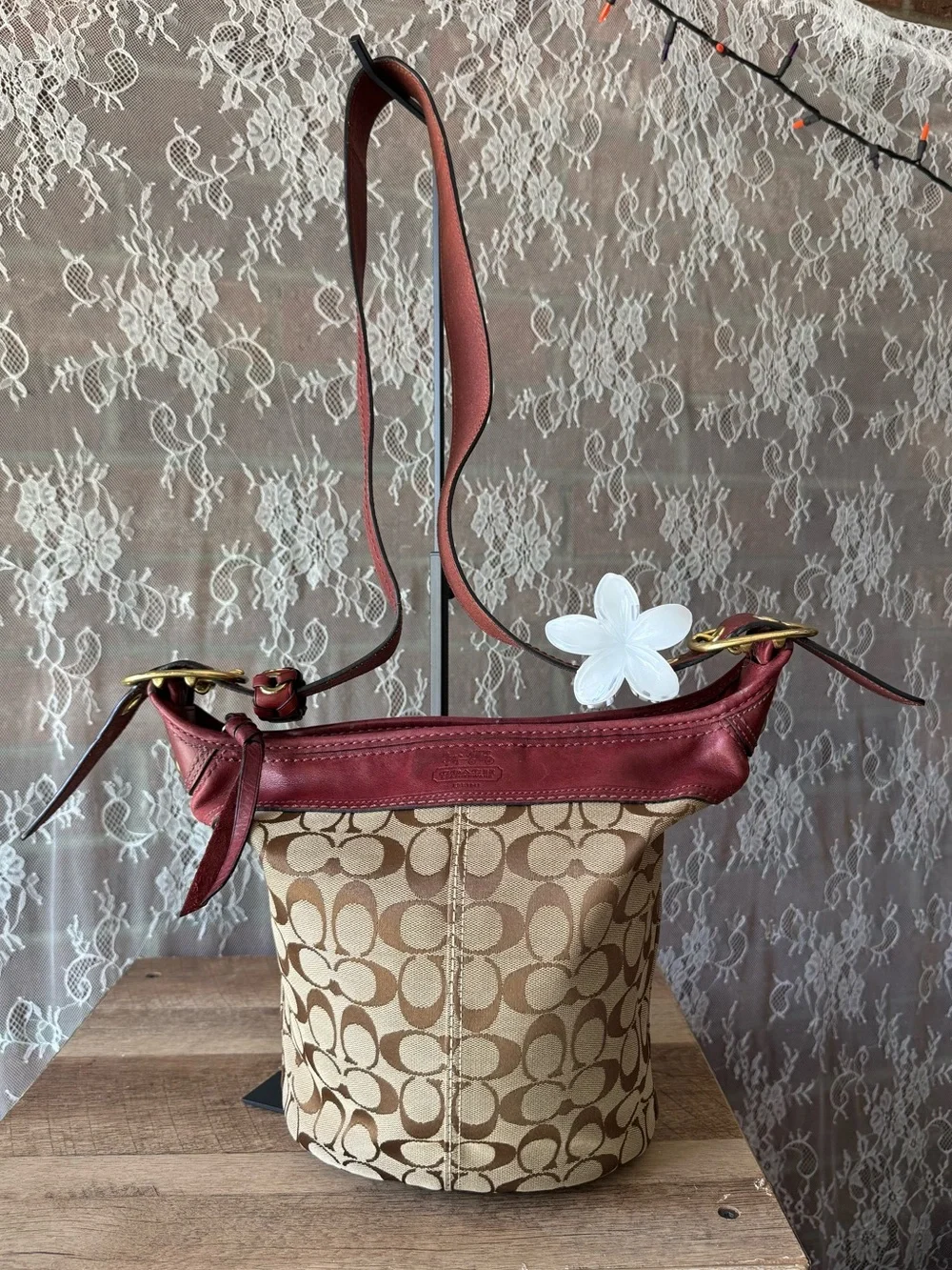 Coach Signature Canvas Bucket Bag with Burgundy Leather Trim